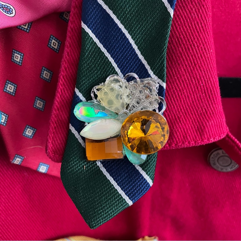 Unique Red Denim Jacket With Ties Patchwork - image 3